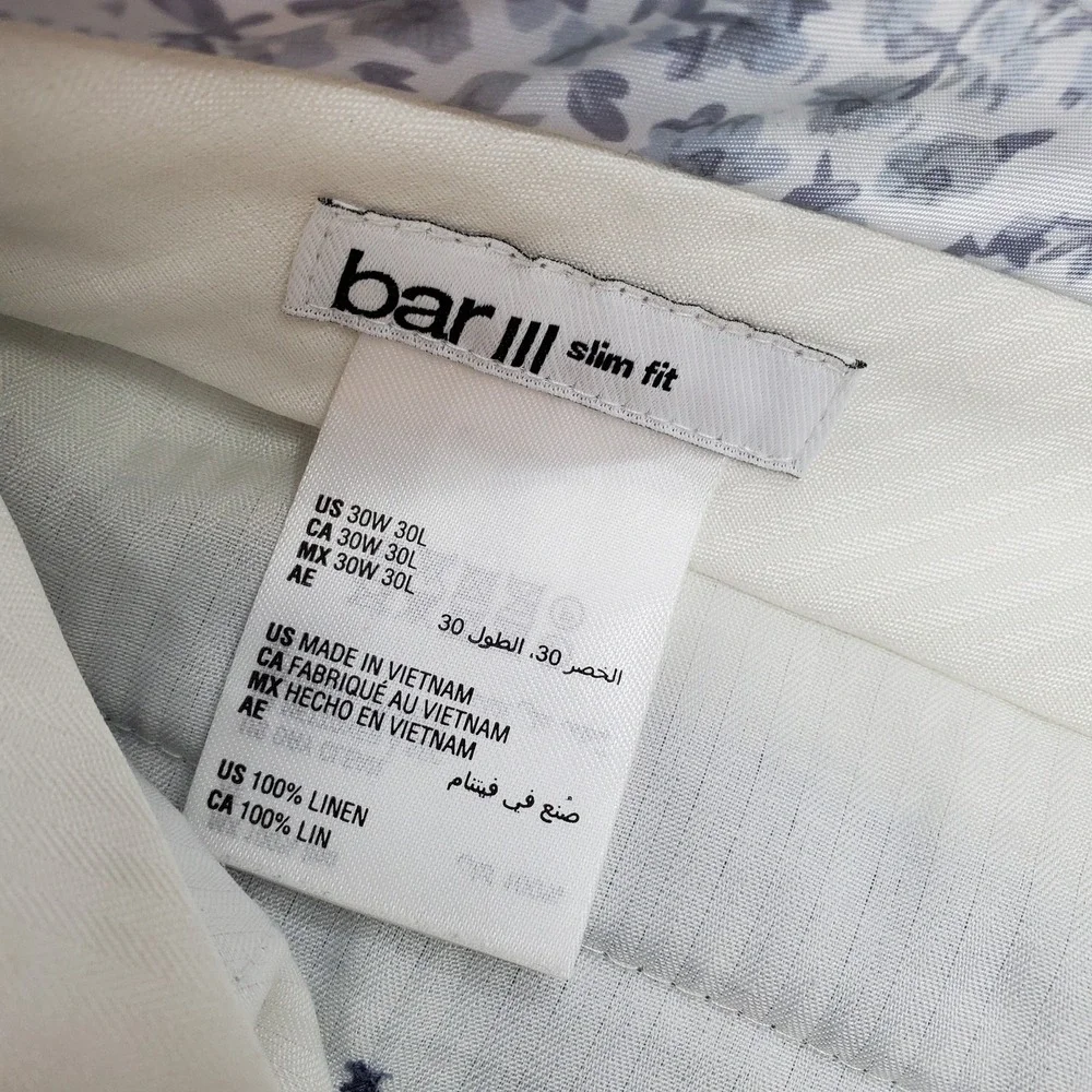 Bar III Men Pants 30W 30L Blue Linen Dress Pants Button Slim 26